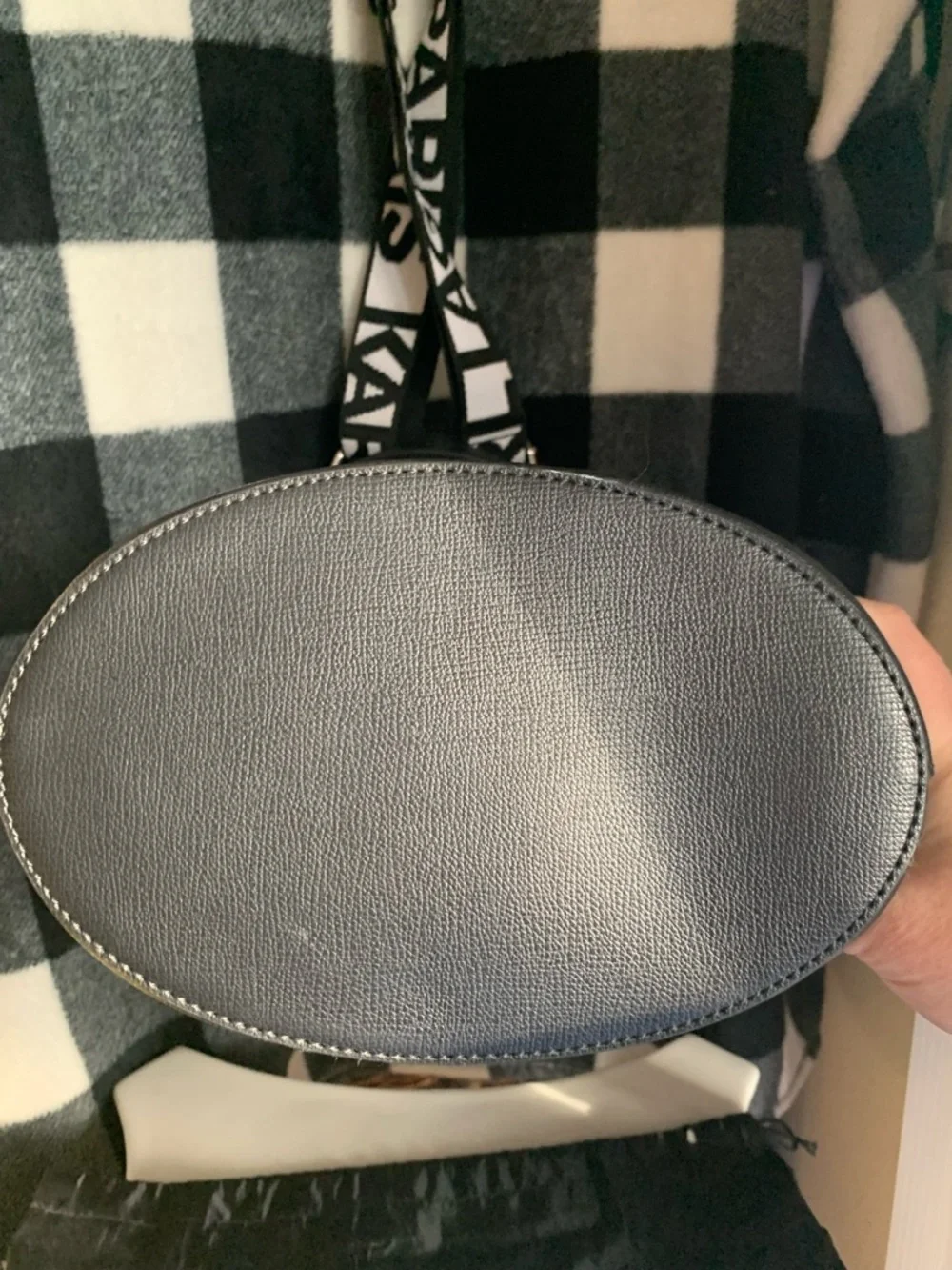 Karl Lagerfeld Black & Cream Leather Icon Drawstring Bucket Crossbody - Picture 3 of 10